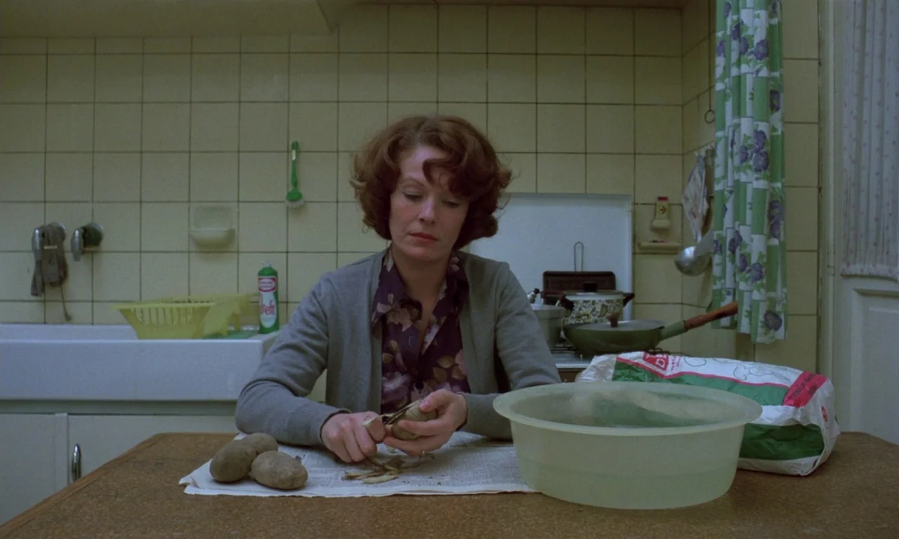 Jeanne Dielman, 23, quai du commerce, 1080 Bruxelles (1975) movie still: medium — A 1970s kitchen features tiled walls and a laminate table covered…