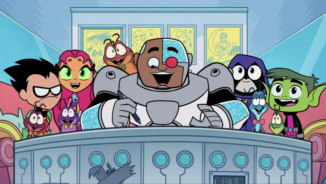 Teen Titans Go! To the Movies (2018) movie still: medium — A futuristic operations center features a curved metal console beneath three yellow…