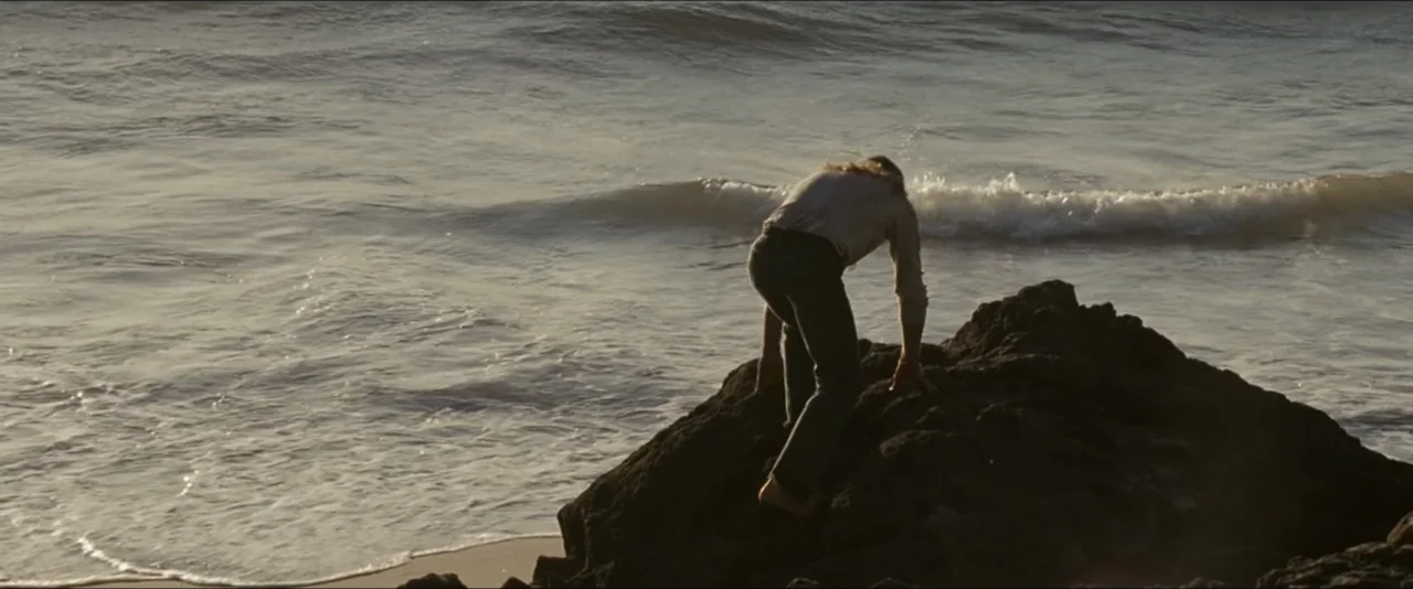 Into the Wild (2007) movie still: fullbody — A dark rocky outcrop sits at the edge of a sandy beach shore. A man climbs onto the top of the rock as…