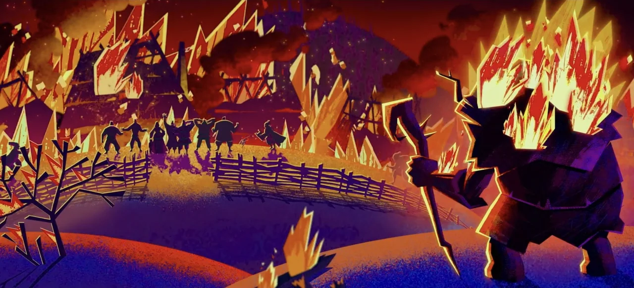 Mavka: The Forest Song (2023) movie still: wide — A rural settlement is under attack with wooden structures burning against a dark sky. A large,…