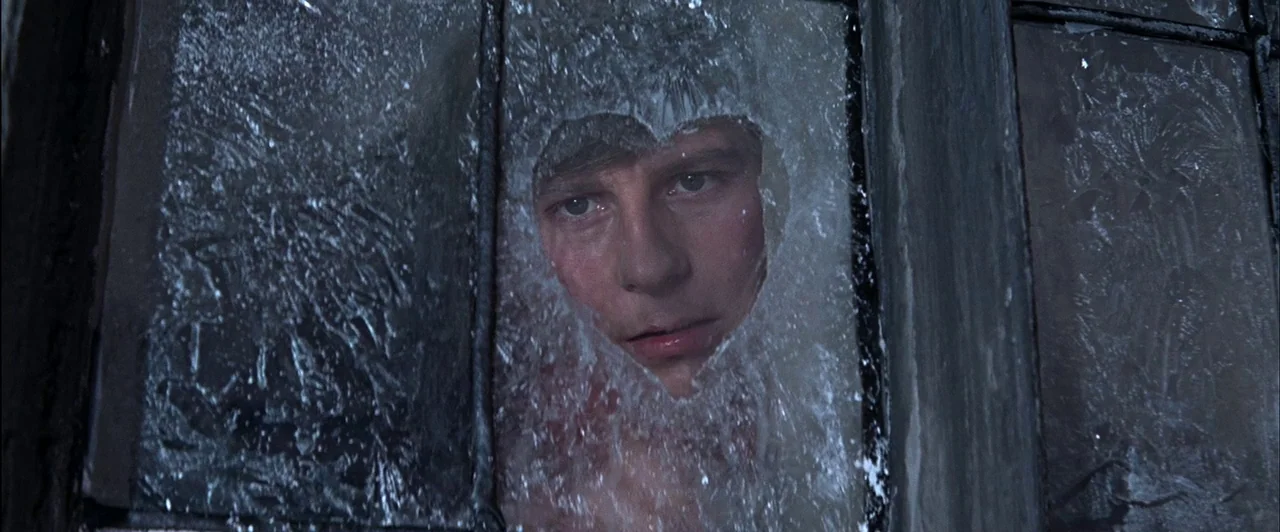 The Fearless Vampire Killers (1967) movie still: closeup — A man's face is centered in a hole within a frost-covered glass surface. He peers…