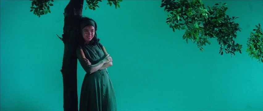Gate of Flesh (1964) movie still: fullbody — A woman stands in front of a solid green studio backdrop and a tree. She leans against the tree trunk…