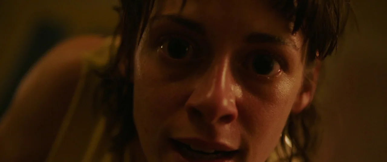 Love Lies Bleeding (2024) movie still: closeup — A dimly lit interior space with dark, indistinct background walls. A woman leans close to the…