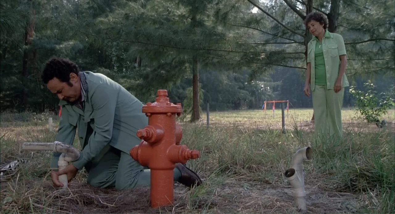 Empire of the Ants (1977) movie still: fullbody — A clearing with pine trees in the background surrounds a bright red fire hydrant. A man in a pale…