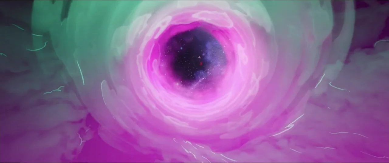 Smurfs (2025) movie still: establishing — A swirling vortex of bright magenta and teal nebula clouds fills the frame. The center of the vortex…
