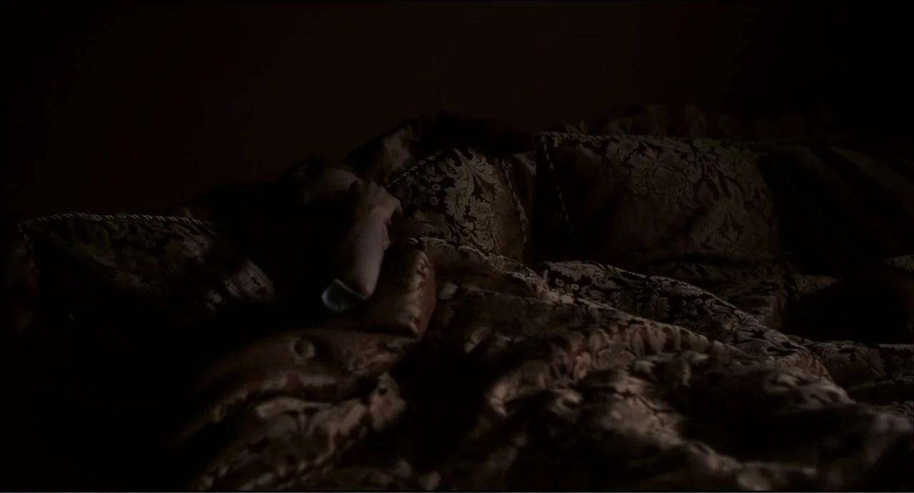 The Secret Village (2013) movie still: medium — A dimly lit bedroom features ornate patterned bedding and pillows in a dark room. A person rests…