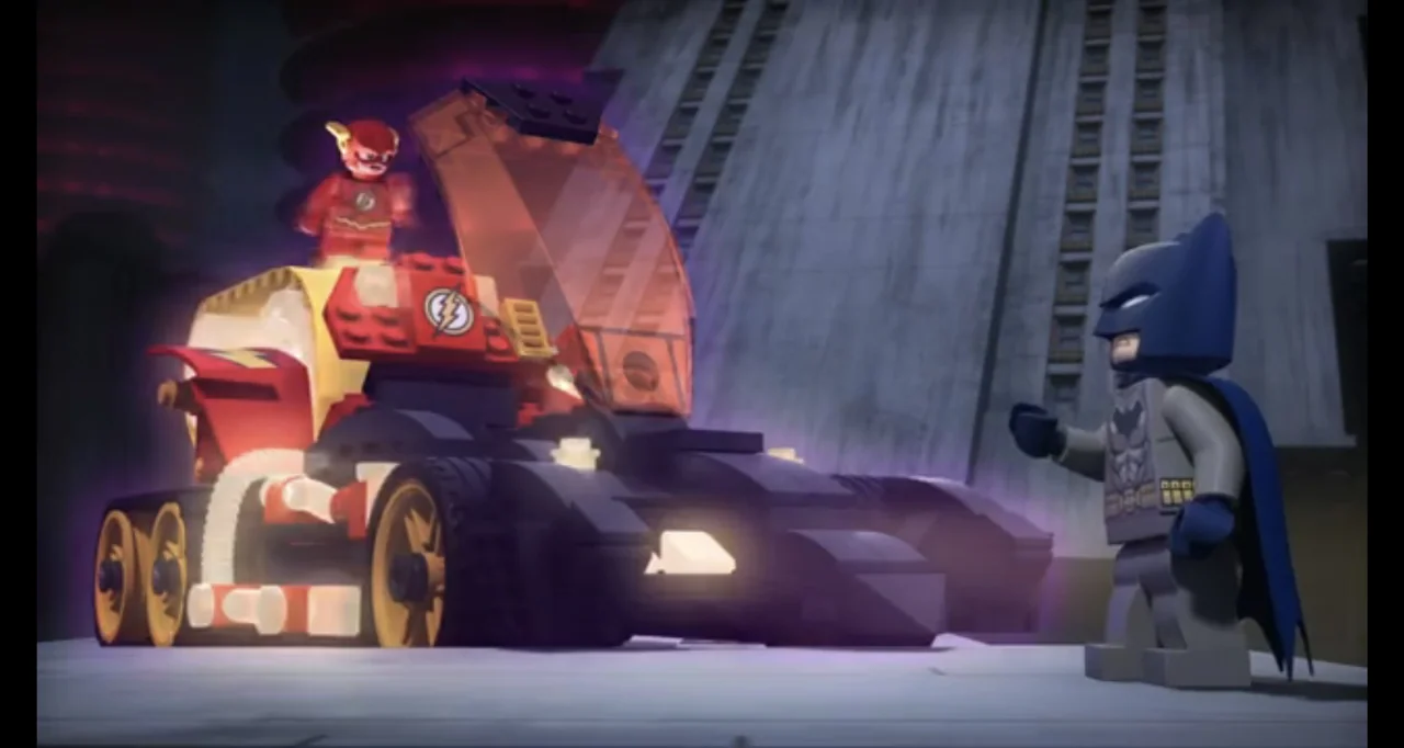 LEGO DC Comics Super Heroes: Justice League - Cosmic Clash (2016) movie still: medium — A dark urban environment features blocky architectural forms…