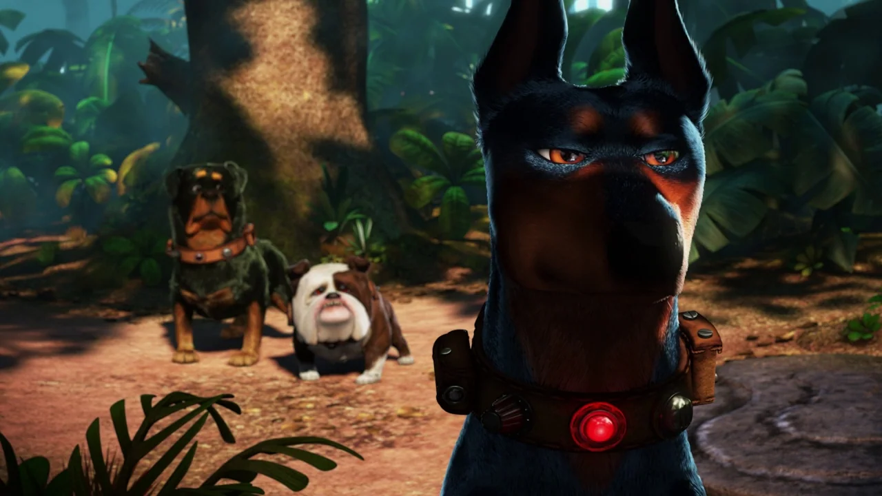 Up (2009) movie still: medium — A dense jungle setting features thick trees and foliage under a filtered canopy. Three distinct breeds of dogs stand…