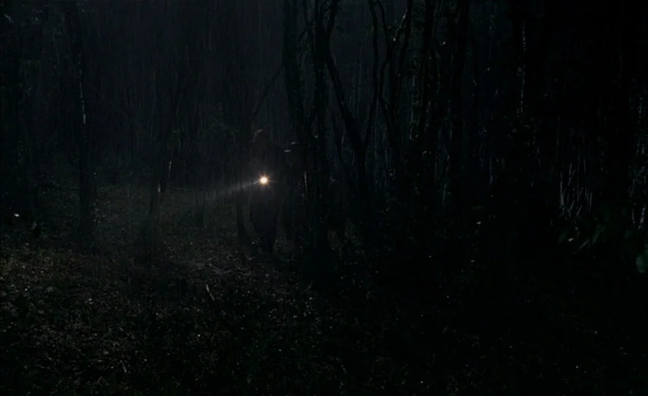 Milou en Mai (1990) movie still: wide — A dark, rain-drenched area of dense trees is shrouded in heavy shadows. A bright white beam from a…