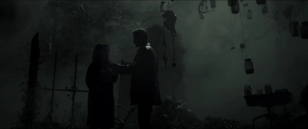 Abattoir (2016) movie still: fullbody — A dark, foggy swamp area at night featuring hanging jars suspended from tree branches. A man and a woman…