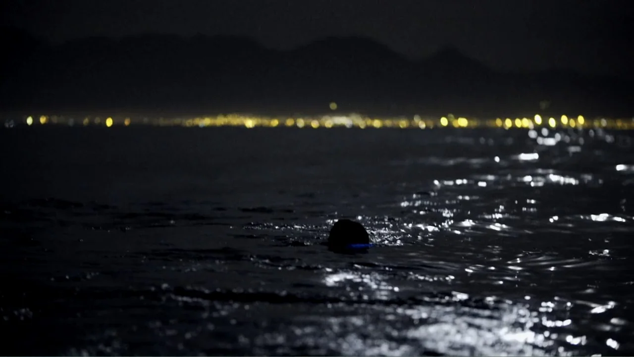 Air Jaws: Night Stalker (2016) movie still: wide — A dark expanse of water at night features gentle ripples reflecting distant city lights. The…