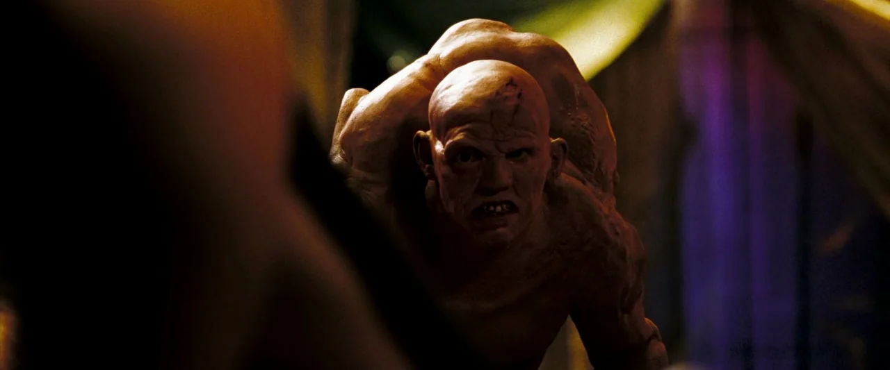 300 (2006) movie still: medium — The interior of a dark, fabric-lined space with shadows obscuring the edges. A bald, muscular humanoid figure leans…