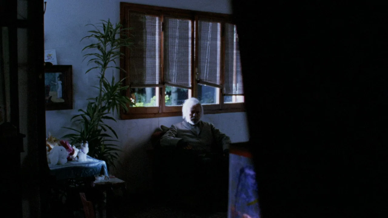 The Sect (1991) movie still: medium — A dimly lit room features a window with bamboo shades and a tall potted plant. An elderly man with a white…