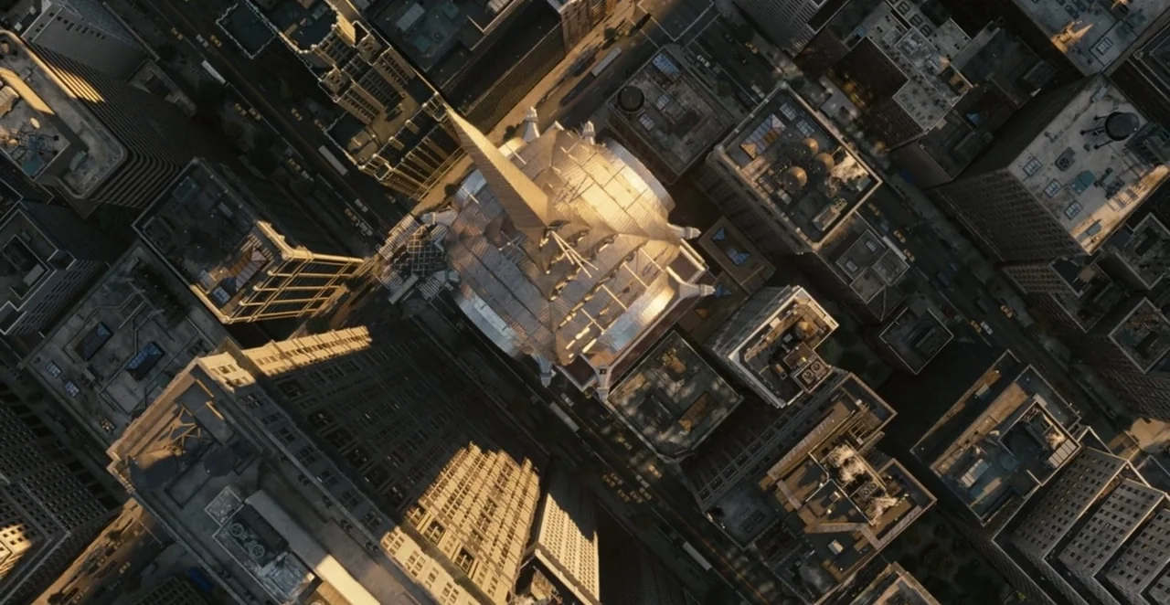 Men in Black 3 (2012) movie still: establishing — A dense urban metropolitan landscape features multiple high-rise buildings and paved street grids.…