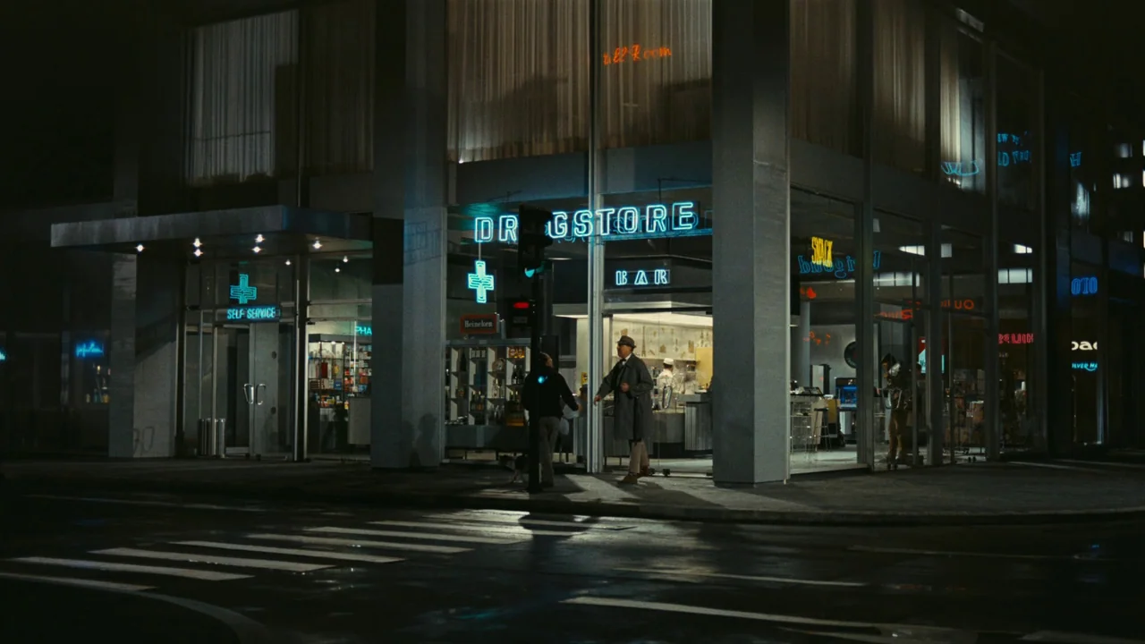 Playtime (1967) movie still: wide — A glass-walled urban corner building at night with prominent neon lettering and interior displays. A man in a…