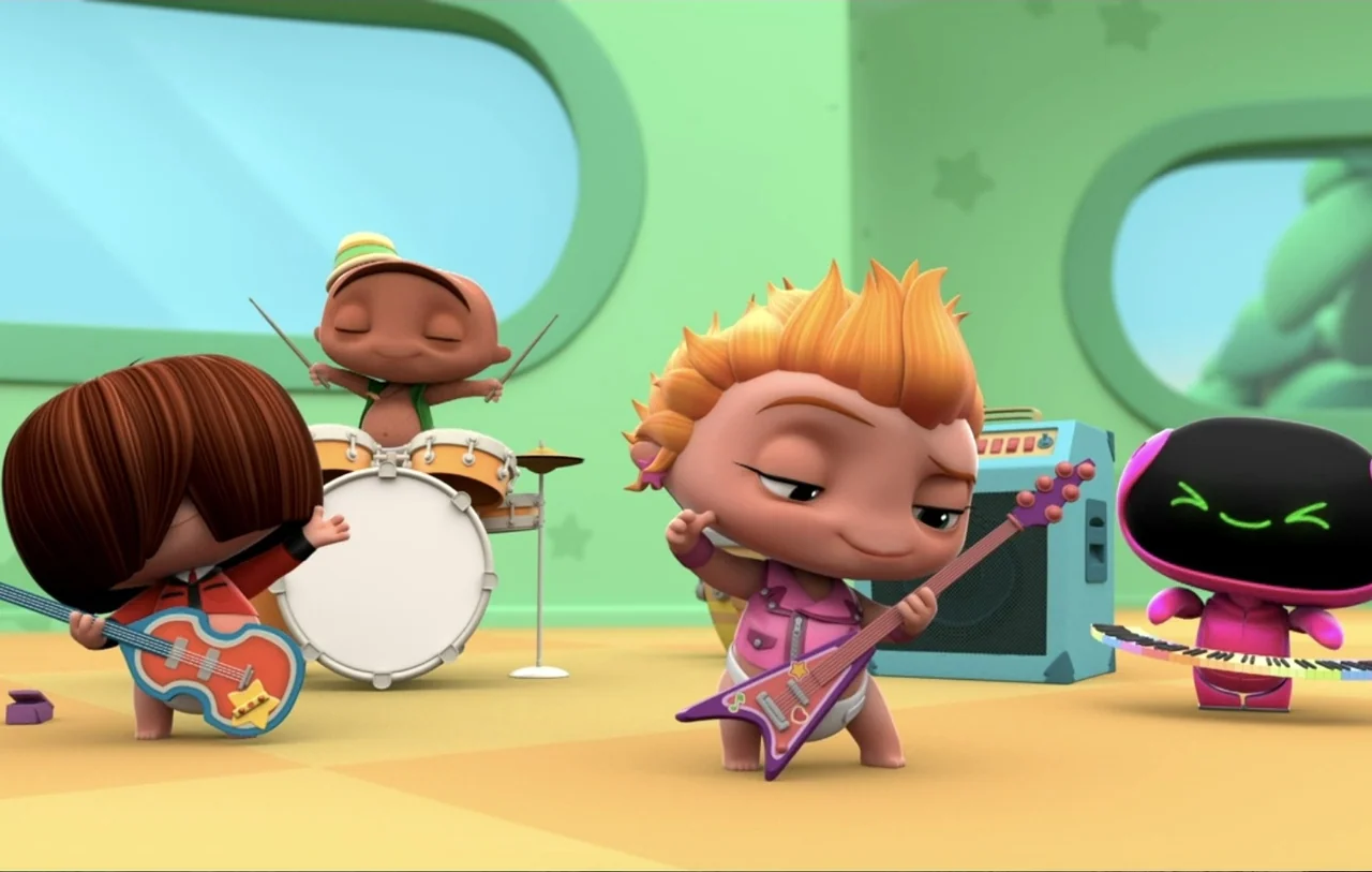 Mini Beat Power Rockers: The Movie (2022) movie still: medium — A cartoonish playroom features light green walls and yellow floors with large oval…