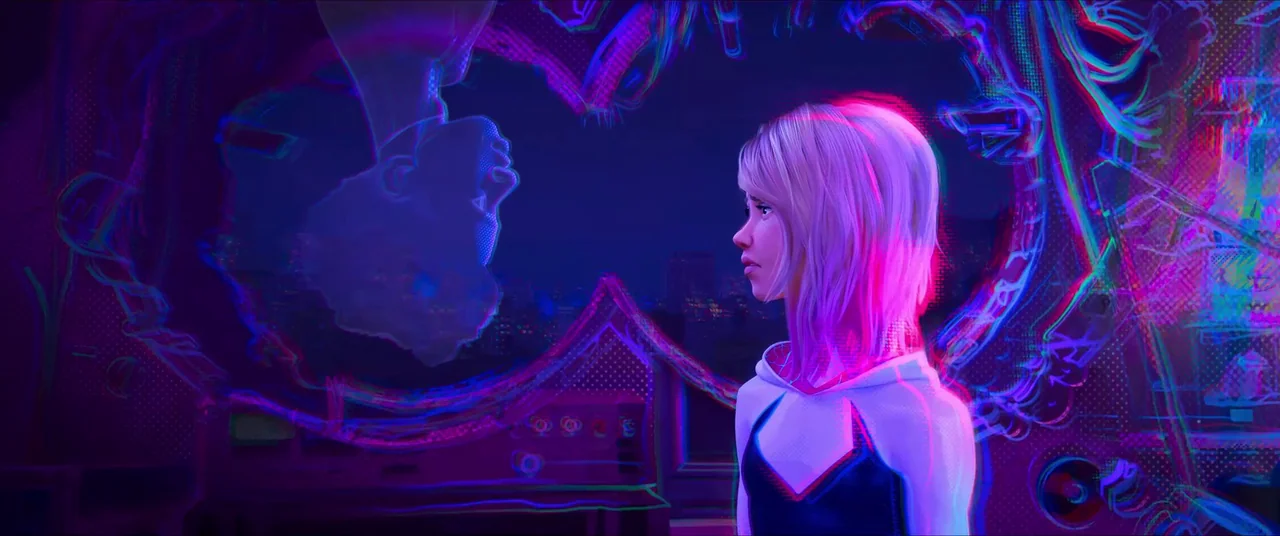 Spider-Man: Across the Spider-Verse (2023) movie still: medium — A rooftop at night features a glowing portal with distorted holographic imagery. A…