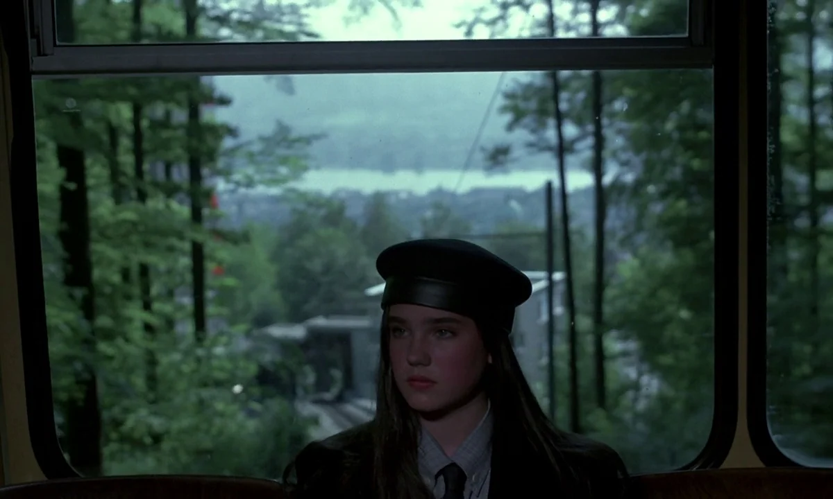 Phenomena (1985) movie still: medium — A teenage girl sits in a train carriage with large windows overlooking a forest. She looks forward while the…