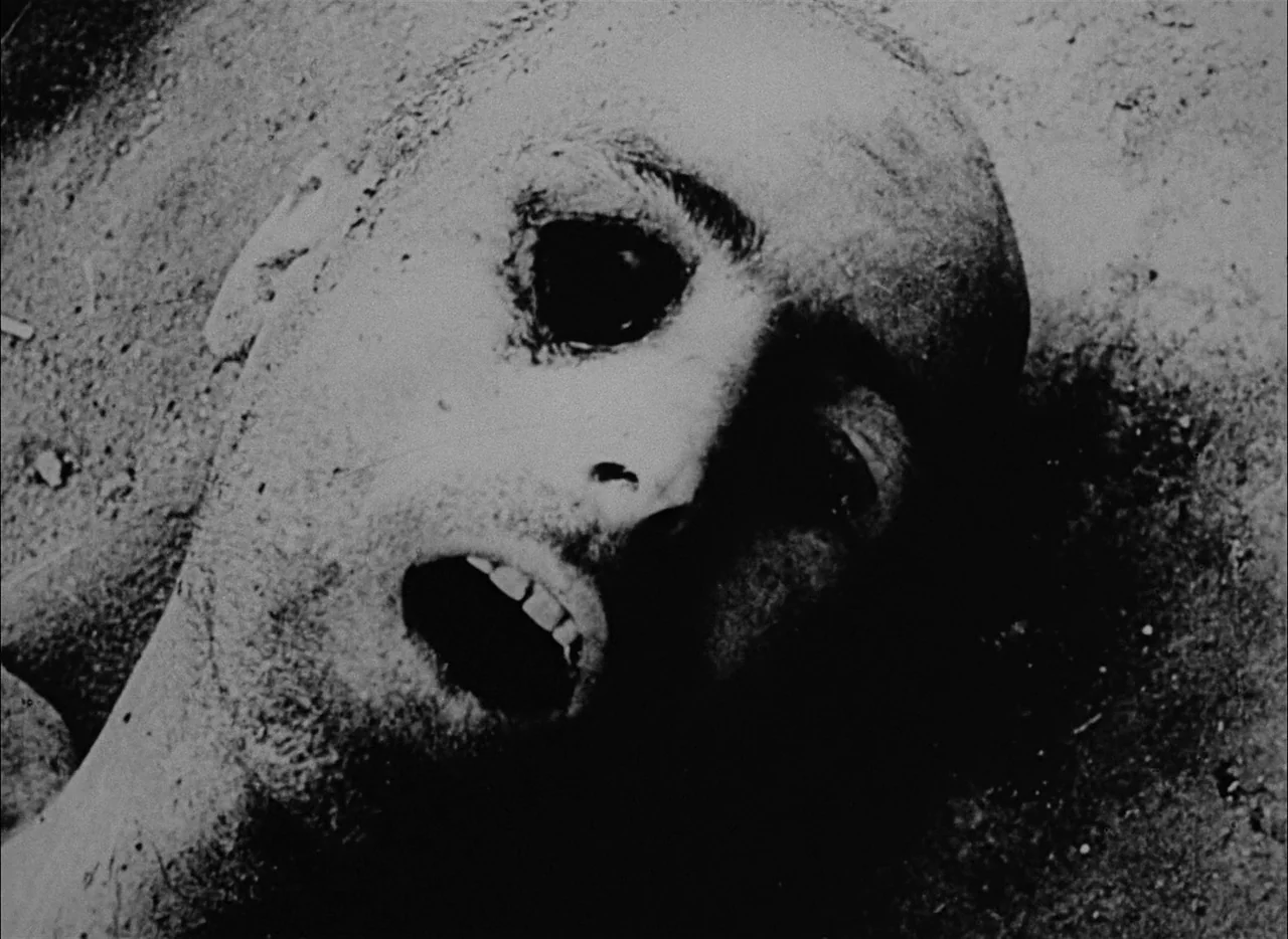 Come and See (1985) movie still: closeup — A close-up view of a person's head partially submerged or lying in dirt. The face is covered in dark…