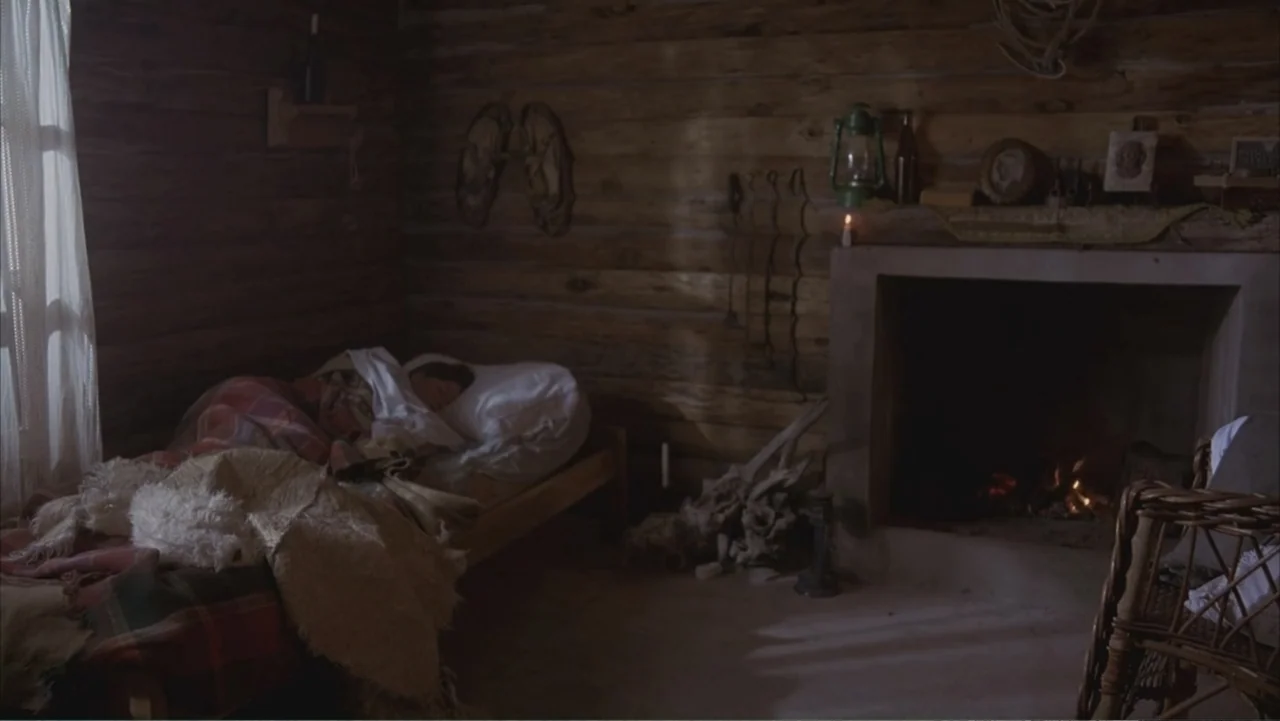 A Distant Place (2020) movie still: medium — A rustic log cabin interior features a stone fireplace with a glowing fire inside. A child lies…