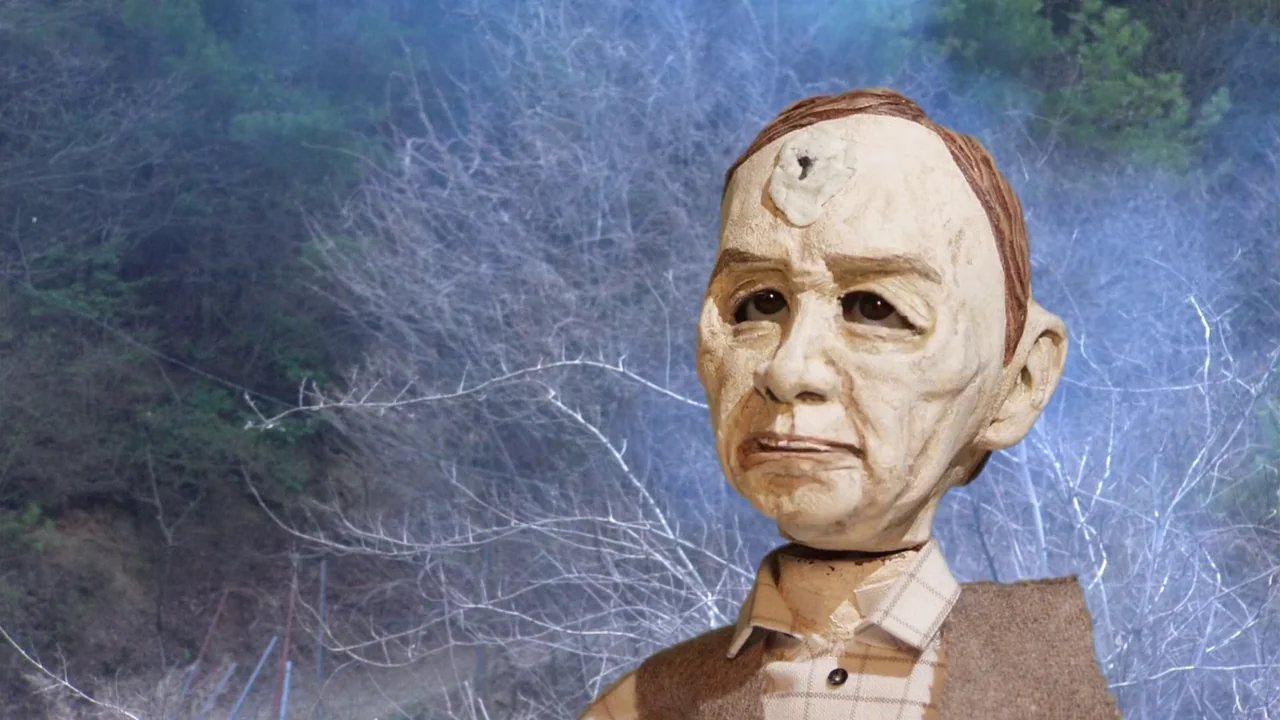 The Happiness of the Katakuris (2001) movie still: closeup — A stop-motion puppet with a textured, pale face stands in front of a blurry,…
