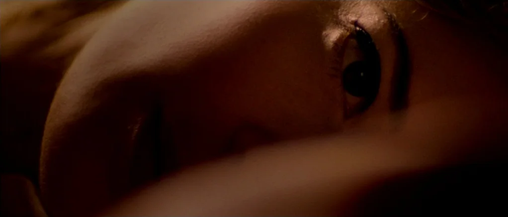 Reconstruction (2003) movie still: closeup — A dark, low-lit environment showing a human face in extreme close-up. One eye is visible as the person…