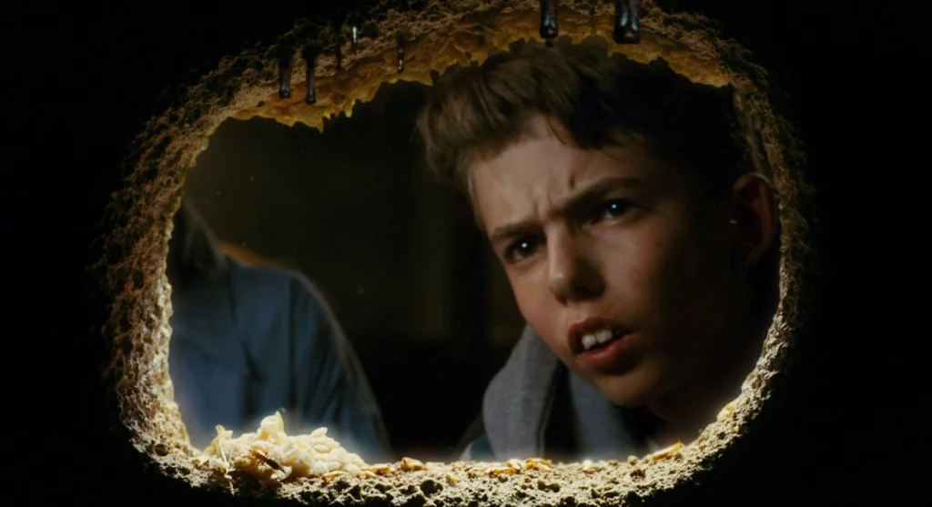 Mimic (1997) movie still: closeup — A teenager peers through an uneven, jagged hole cut into a thick textured surface. He looks downward with wide…