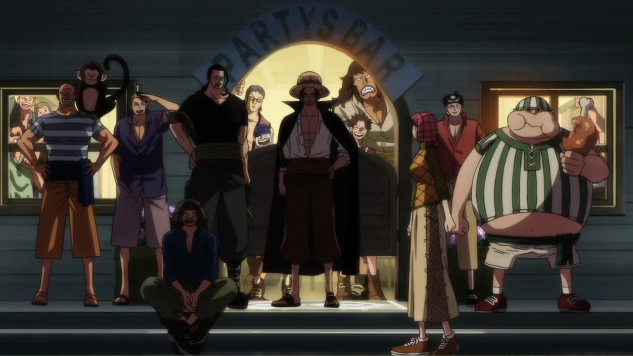 One Piece Film Red (2022) movie still: fullbody — A group of diverse characters stands before a wooden building doorway labeled Party's Bar. The…