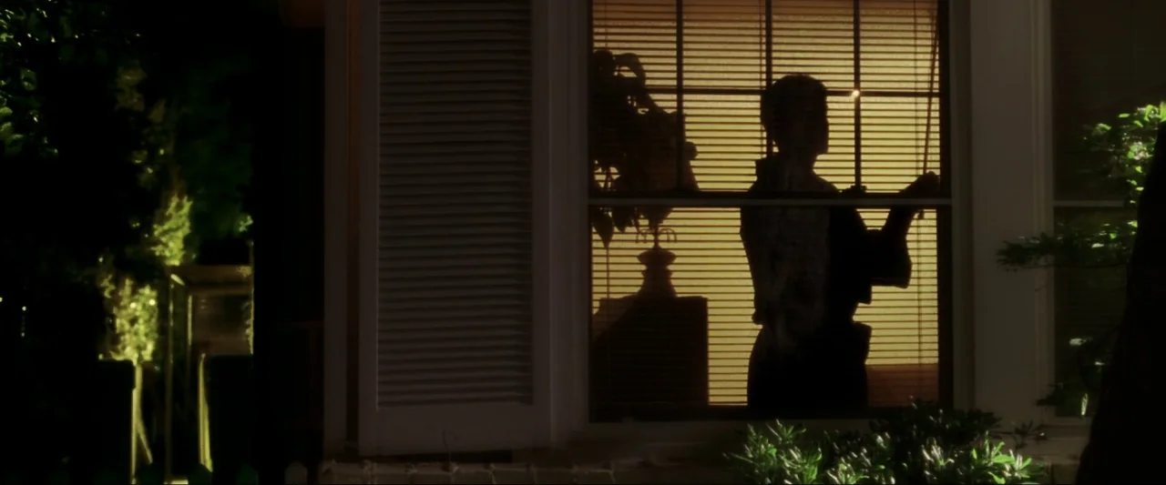 Kiss Kiss Bang Bang (2005) movie still: medium — A suburban house window viewed from the outside at night with dark landscaping. A man in silhouette…