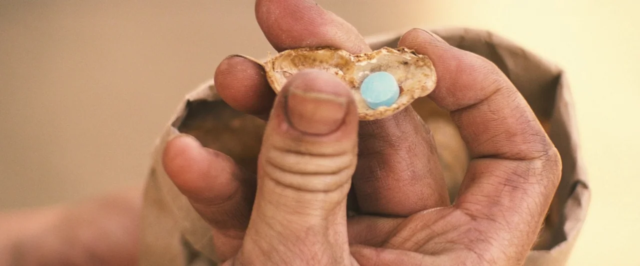 Babylon (2022) movie still: closeup — A pair of weathered, dirty human hands hold an open peanut shell. Inside the shell rests a small, circular…