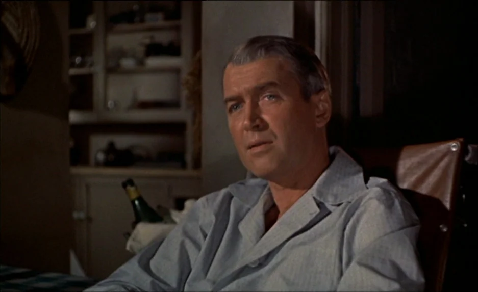 Rear Window (1954) movie still: medium — A dimly lit room with shelves visible in the background against a dark wall. A man sits in a chair in the…