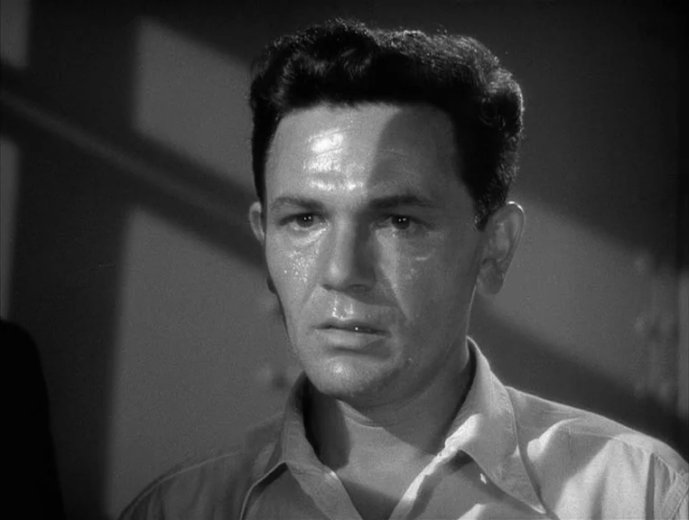 The Postman Always Rings Twice (1946) movie still: closeup — A dimly lit room with barred window light patterns casting shadows on the wall. A man…
