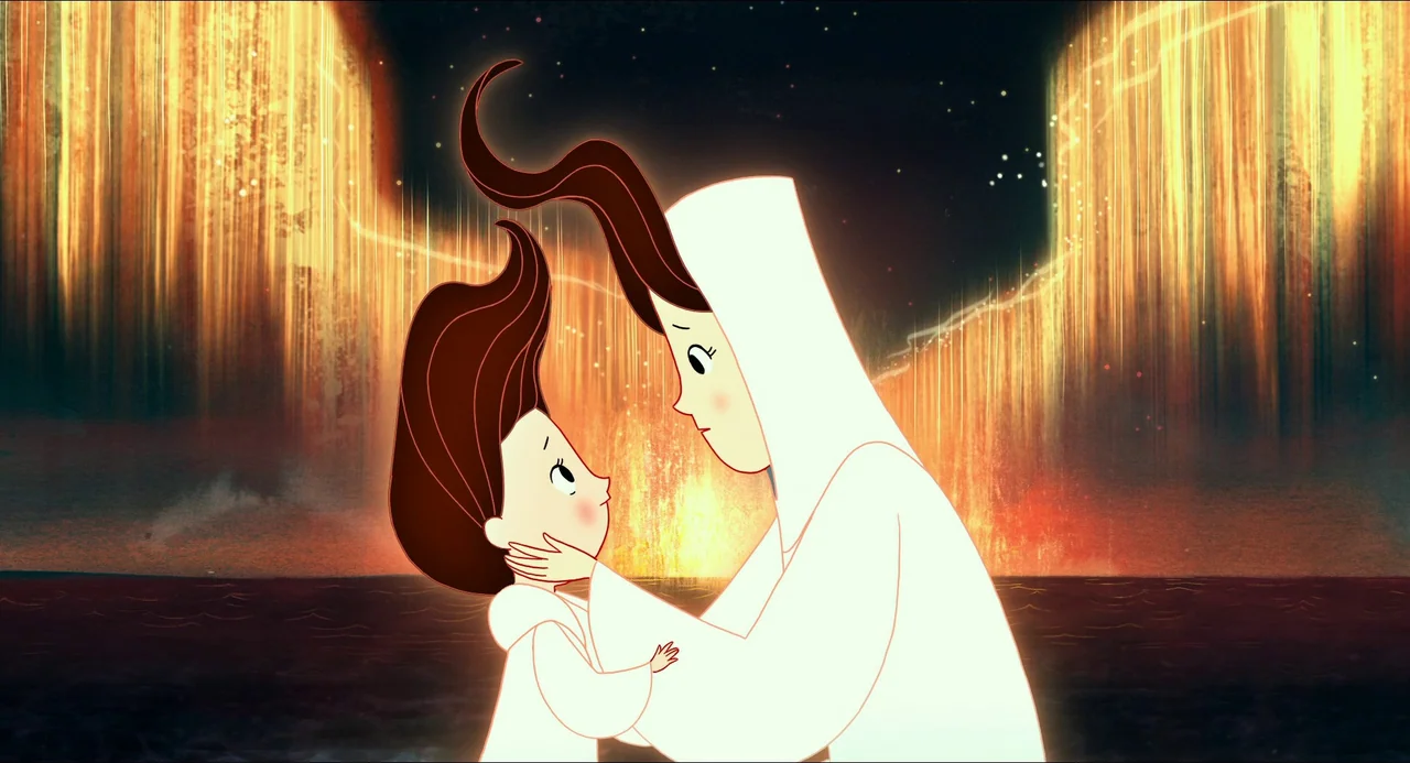 Song of the Sea (2014) movie still: medium — A dark night landscape featuring towering golden auroras glowing against a starless black sky. A mother…