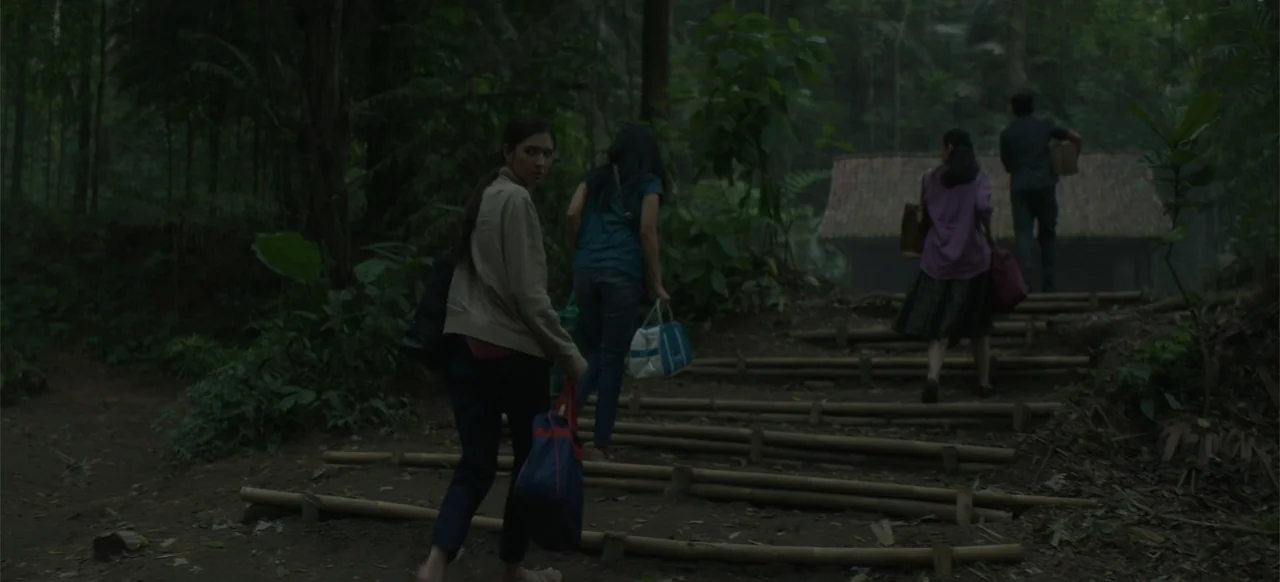 A Thousand Days (2023) movie still: fullbody — A group of people walk up a bamboo staircase through a dense tropical jungle. One woman looks back…