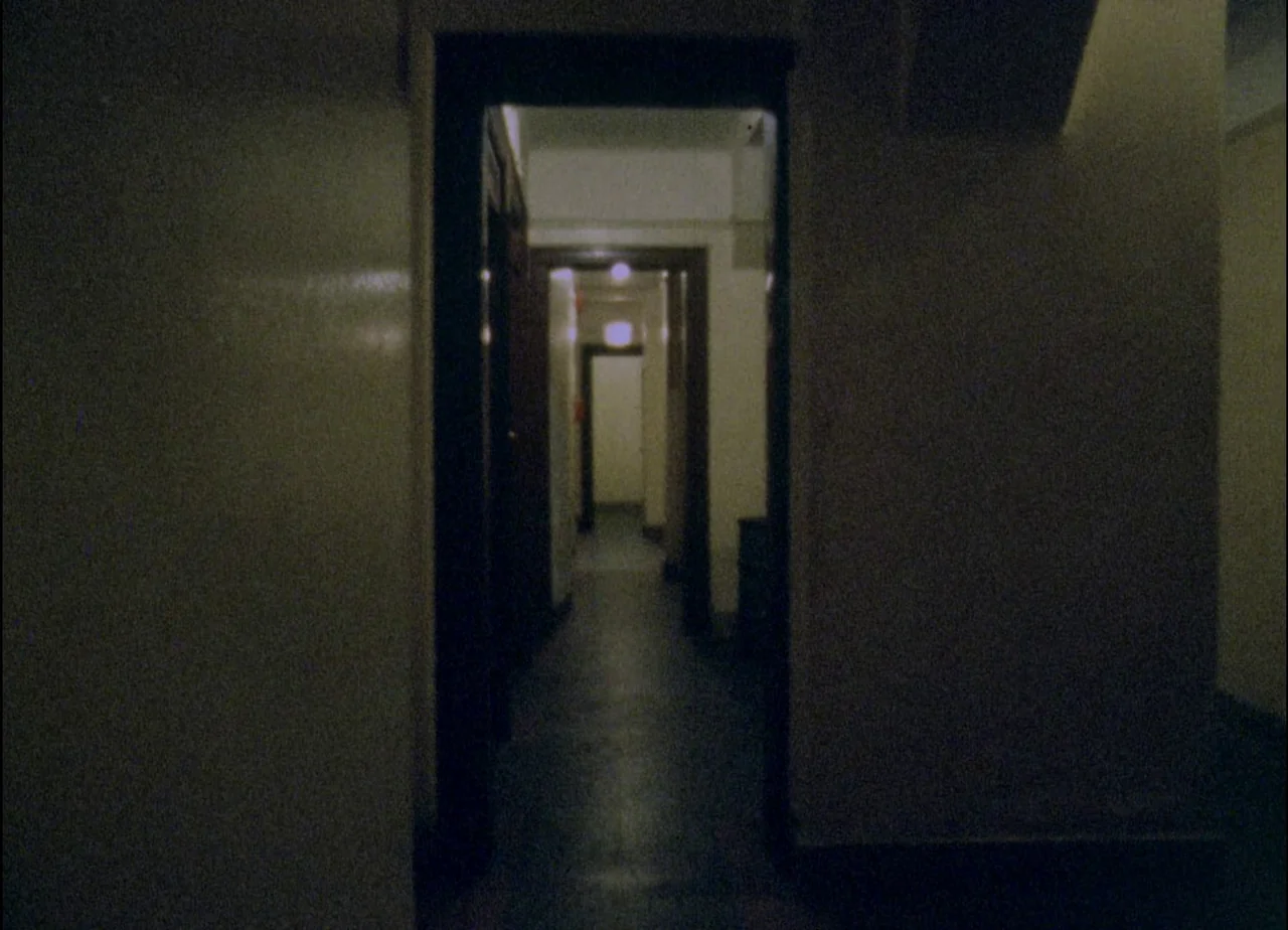 Hotel Monterey (1973) movie still: wide — A dark, narrow interior hallway features a series of open wooden doorways leading forward. The walls are…