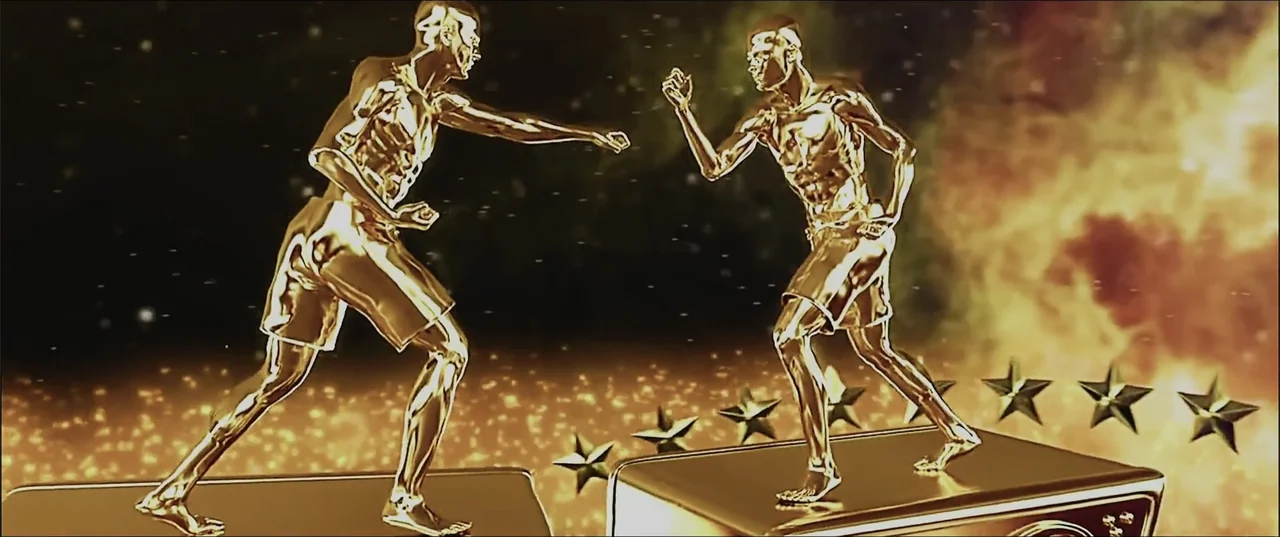Cheekatilo (2026) movie still: wide — Two golden human figures spar on elevated metallic platforms against a dark star-field background. The figures…