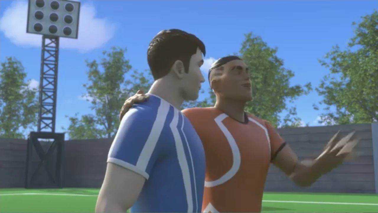 Max Steel: Team Turbo (2016) movie still: medium — Two men walk side by side across a green sports field under clear skies. A tall stadium light…