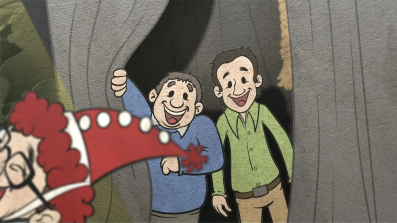 Mr. Dressup: The Magic of Make Believe (2023) movie still: medium — A paper cutout diorama depicting two men looking through a grey fabric curtain.…