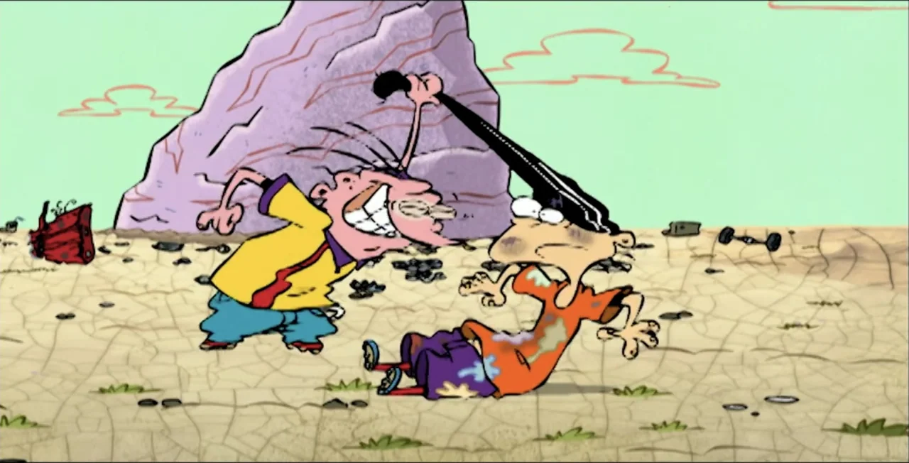 Ed, Edd n Eddy's Big Picture Show (2009) movie still: medium — A barren, cracked dry landscape with a single large purple rock in the background.…