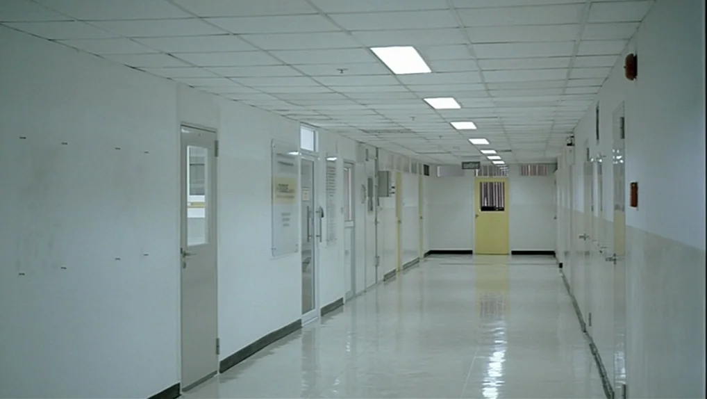 Syndromes and a Century (2006) movie still: establishing — A long, sterile hospital corridor features white walls and a reflective, polished floor.…