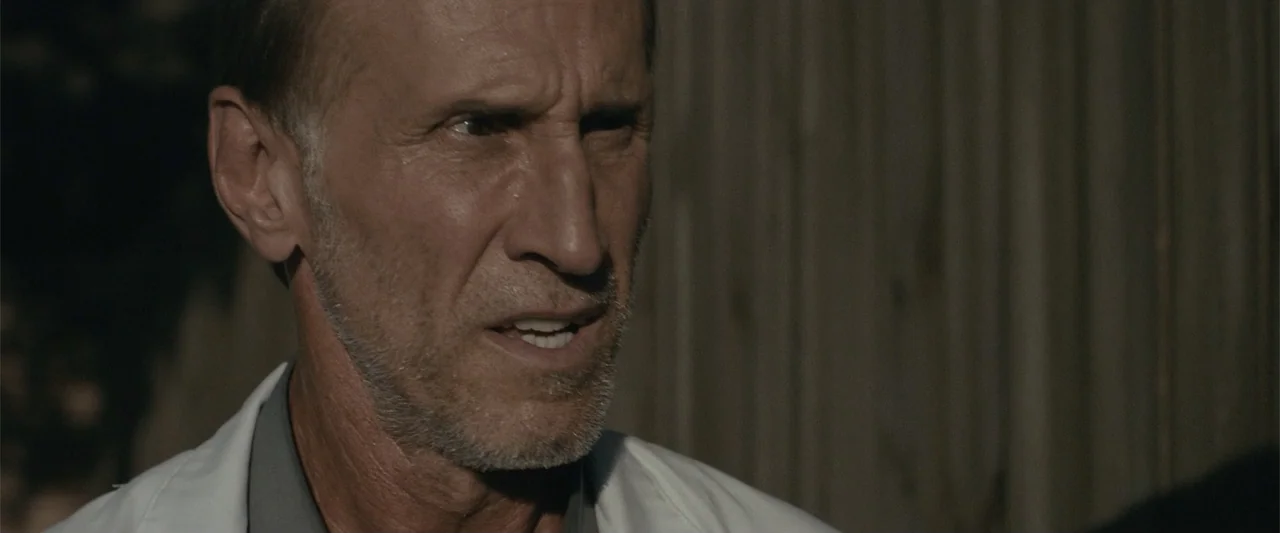 Maggie (2015) movie still: closeup — An older man stands outdoors against a vertical paneled wall in direct sunlight. He turns his head while…