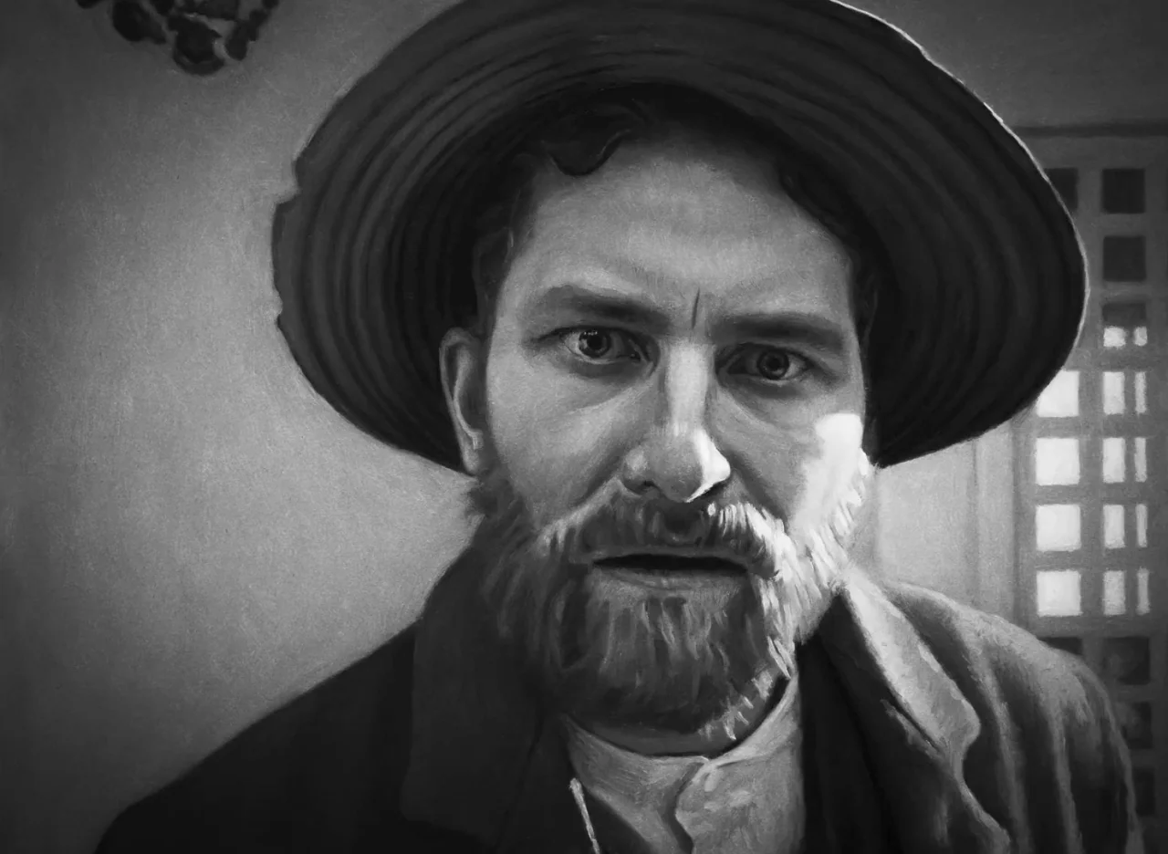 Loving Vincent (2017) movie still: closeup — A dimly lit interior space with a window frame visible in the background. A man with a beard and hat…