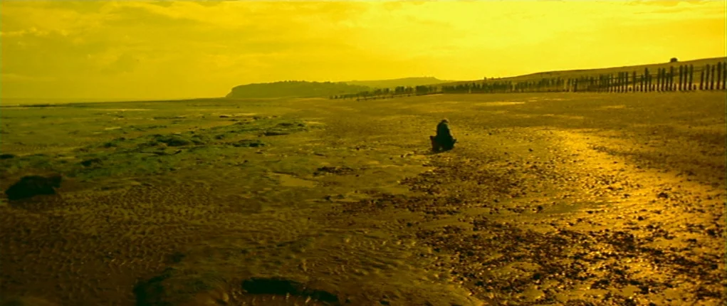 I Want You (1998) movie still: wide — A desolate, wide coastal beach with wet, reflective sand and distant wooden breakwaters. A solitary figure…