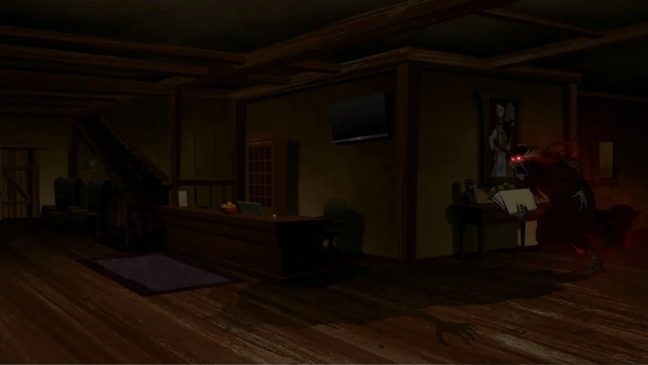 Scooby-Doo! and the Gourmet Ghost (2018) movie still: wide — A dimly lit lobby features a wooden reception desk and a staircase in back. A sinister…