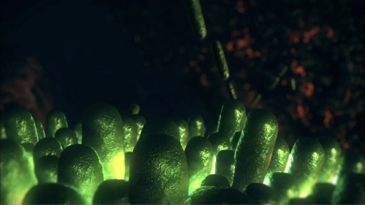 Aliens Inside Us (2013) movie still: closeup — A microscopic view shows a field of pill-shaped bacterial cells against a dark background. Several…