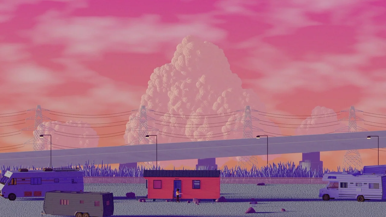 Boys Go To Jupiter (2024) movie still: wide — A vast field features several scattered trailers and a small red house under a pink sky. A solitary…