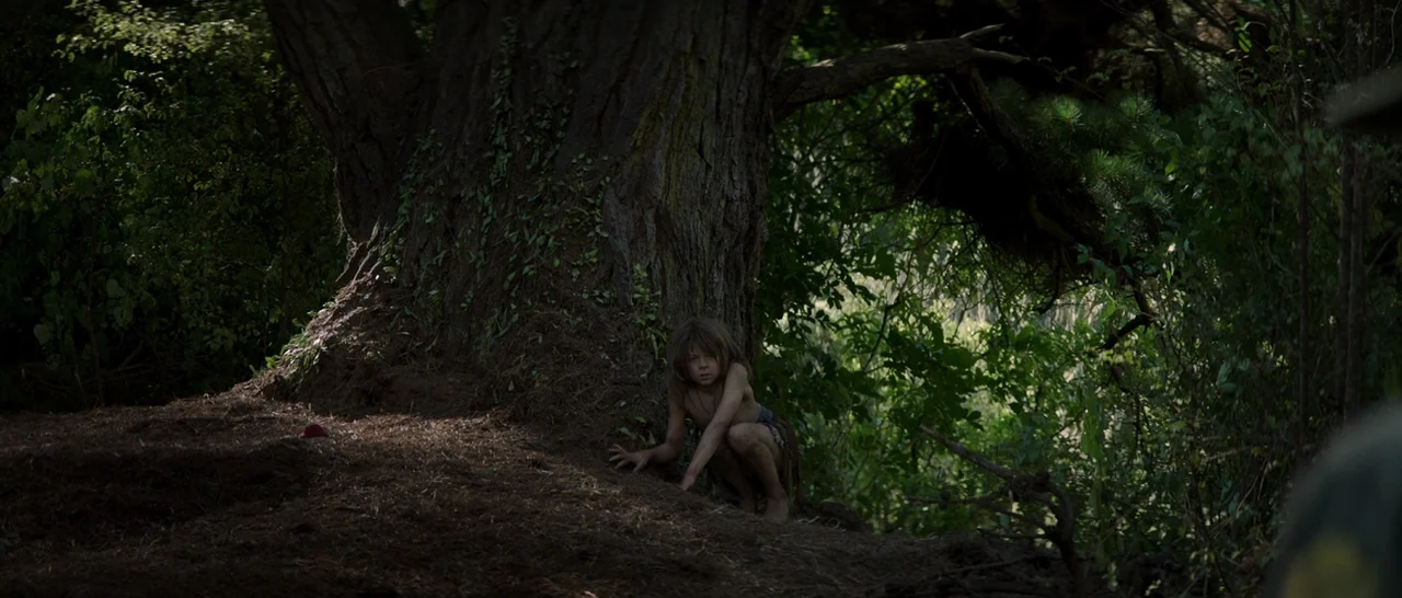 Pete’s Dragon (2016) movie still: wide — A dark, dense woodland features a massive old-growth tree with tangled roots and foliage. A small, ragged…