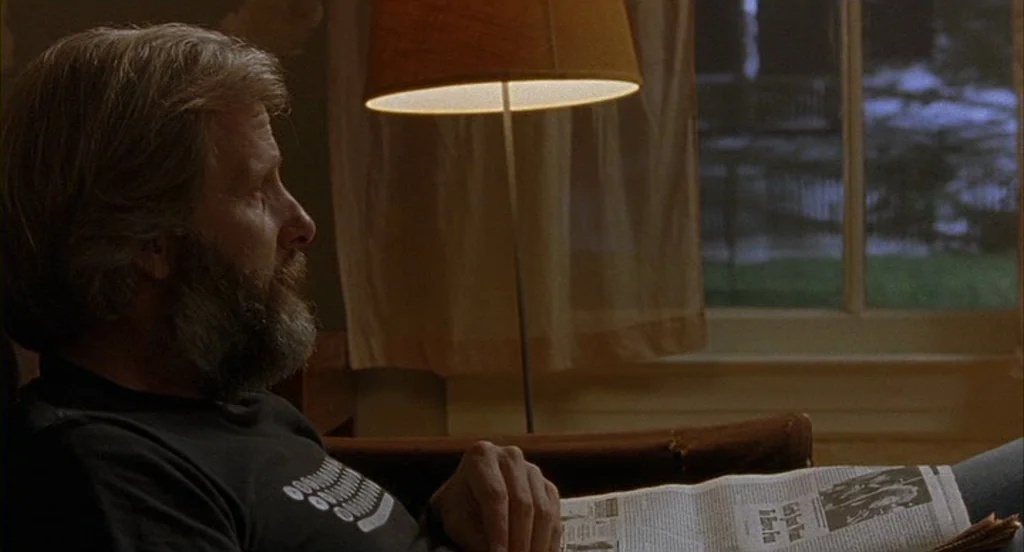 The Squid and the Whale (2005) movie still: medium — A living room interior at night is lit by a single floor lamp. A man sits in a chair reading a…