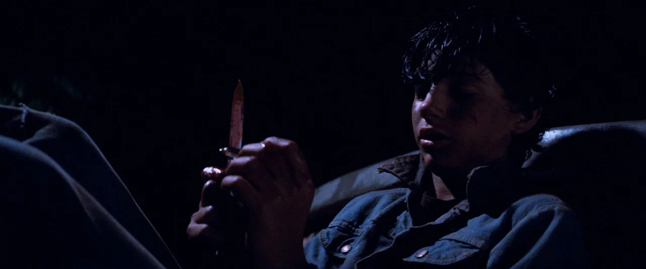 The Outsiders (1983) movie still: medium — A dark outdoor setting features a young man sitting amidst deep shadows at night. He holds a switchblade…