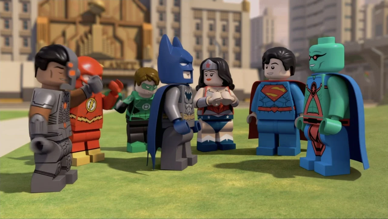LEGO DC Comics Super Heroes: Justice League - Attack of the Legion of Doom! (2015) movie still: fullbody — A sunny city park with a large building…